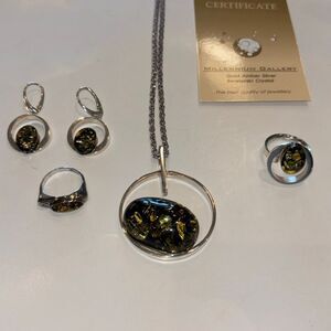 New Natural Baltic amber HUGE pendant 925 silver necklace earrings 2 rings 26g